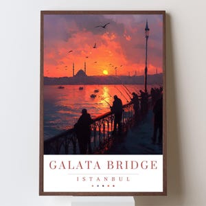Galata Bridge Painted Print, Istanbul Sunset Wall Art with Fishermen Silhouettes, Turkey Decor, Multiple Sizes Available,  Istanbul wall art