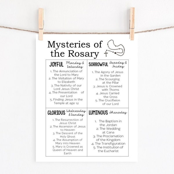 MYSTERIES of the ROSARY for Kids | Catholic Homeschool Printable Activity | Church Bulletin Board | Catholic Teens Poster | Hail Mary