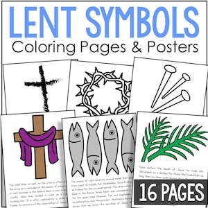 Op de afbeelding: Een verzameling kleurplaten en posters getiteld "Vastensymbolen". De pagina's bevatten illustraties van een kruis, een doornenkroon, spijkers, een kruis met een paarse doek, vissen en palmtakken. De tekst op de pagina's luidt "16 PAGINA'S."