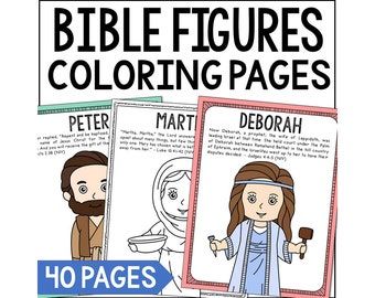 May include: A set of 40 coloring pages featuring illustrations of different Bible figures, including Peter, Martha, and Deborah. Each page includes a short Bible verse related to the figure.