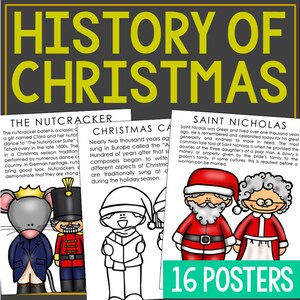May include: A set of 16 colorful posters about the history of Christmas. The posters feature illustrations of a nutcracker, a Christmas carol singer, and Saint Nicholas. The posters are titled "The Nutcracker", "Christmas Carols", and "Saint Nicholas".