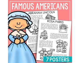 May include: Black and white printable posters featuring illustrations of Abraham Lincoln and Rosa Parks. The posters include text about their lives and contributions to American history. The text includes the words "Famous Americans", "Abraham Lincoln", "Rosa Parks", "7 Posters", "For Colored Only", "For Whites Only", "Equal Rights", "Freedom", "The civil rights movement ultimately gave black people the same rights as white people."