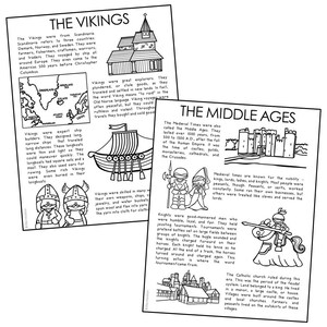 May include: Black and white line art illustration of two pages from a children's history book. The first page is about the Vikings and features a map of Scandinavia, a Viking ship, and two Viking warriors. The second page is about the Middle Ages and features a castle, a knight, and a medieval knight on horseback. The text on the pages describes the Vikings and the Middle Ages.