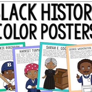 Könnte beinhalten: Vier farbige Poster mit Illustrationen von Jackie Robinson, Harriet Tubman, Sarah E. Goode und George Washington Carver. Jedes Poster enthält eine kurze Biografie der Person und ihrer Beiträge zur Geschichte. Die Poster sind für den Einsatz im Klassenzimmer oder für Bildungszwecke konzipiert.
