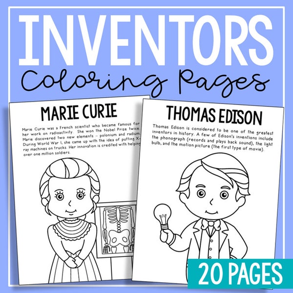 FAMOUS INVENTORS Coloring Page Activity, Homeschool Printables, Preschool, Kindergarten, Bulletin Board Classroom Decor, Worksheets