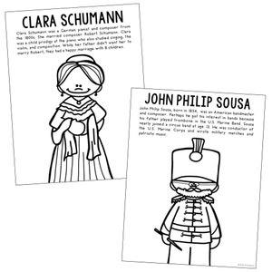 May include: Two black and white illustrations on white paper. One depicts Clara Schumann, a German pianist, and the other, John Philip Sousa, an American bandmaster. Text accompanies each image, providing biographical information.