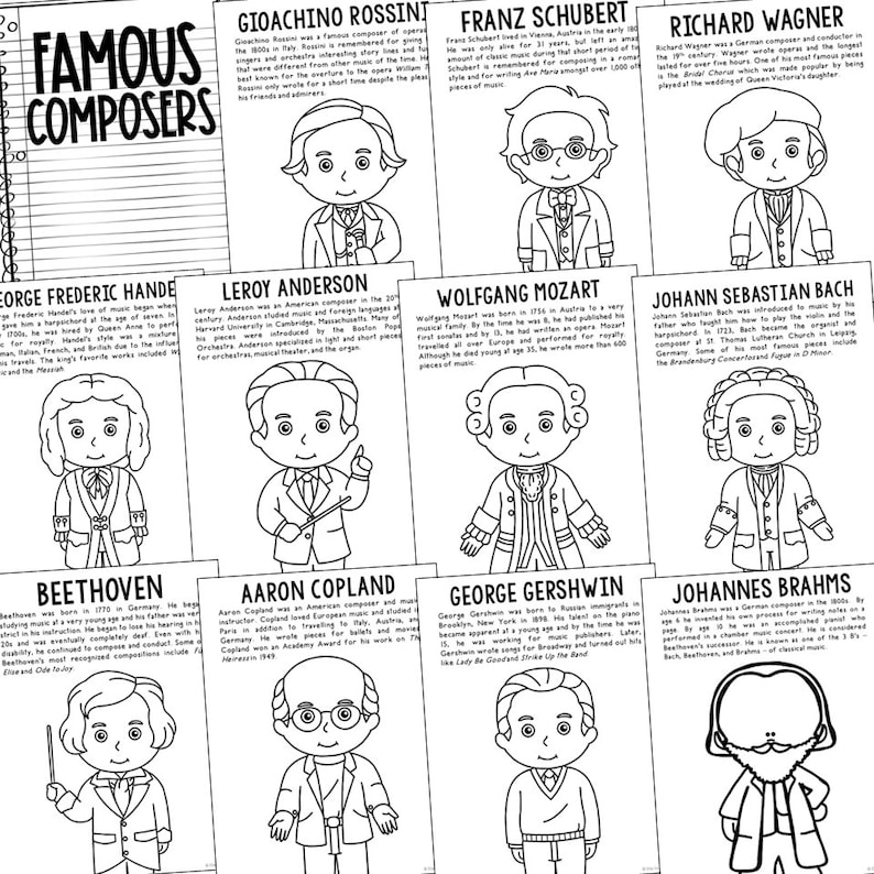 May include: A black and white illustration featuring famous composers. The image includes portraits of Gioachino Rossini, Franz Schubert, Richard Wagner, George Frederic Handel, Leroy Anderson, Wolfgang Mozart, Johann Sebastian Bach, Beethoven, Aaron Copland, George Gershwin, and Johannes Brahms.