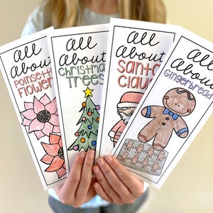 May include: Four printable Christmas-themed activity books with colorful illustrations. The titles are "All About Poinsettias", "All About Christmas Trees", "All About Santa Claus", and "All About Gingerbread".