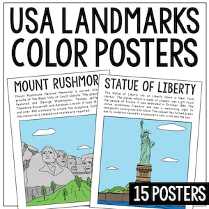 Könnte beinhalten: Schwarz-weiß-Linienzeichnung des Mount Rushmore National Memorial und der Freiheitsstatue. Der Text "USA Landmarks Color Posters" und "15 Posters" ist im Bild enthalten.