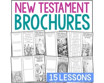 May include: A set of 15 black and white printable New Testament brochures. Each brochure features a different story from the New Testament, including the Sermon on the Mount, the Last Supper, and the Easter Story. The brochures are designed to be used for teaching and learning about the Bible.