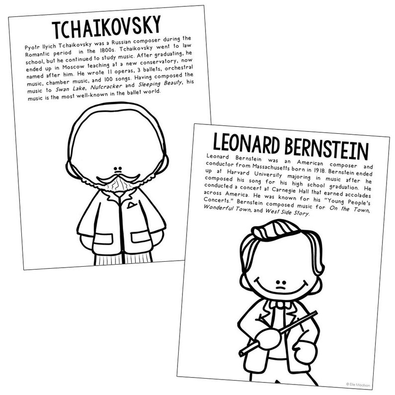 May include: Two black and white illustrations of famous composers. One features Pyotr Ilyich Tchaikovsky, with text describing his life and works. The other depicts Leonard Bernstein, also with biographical text. Both are cartoon-style drawings.