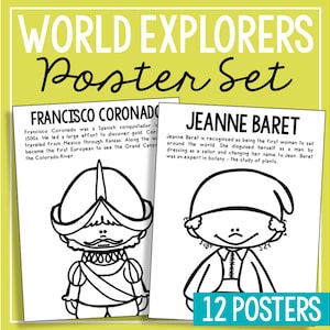 May include: Black and white printable poster set featuring illustrations of historical explorers Francisco Coronado and Jeanne Baret. The posters include text about their accomplishments. The set includes 12 posters.