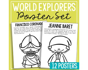 May include: Black and white printable poster set featuring illustrations of historical explorers Francisco Coronado and Jeanne Baret. The posters include text about their accomplishments. The set includes 12 posters.