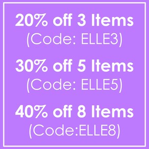 Puede incluir: Un gr&aacute;fico de color lila con texto blanco que promociona descuentos. Dice: "20% de descuento en 3 art&iacute;culos (C&oacute;digo: ELLE3), 30% de descuento en 5 art&iacute;culos (C&oacute;digo: ELLE5), 40% de descuento en 8 art&iacute;culos (C&oacute;digo: ELLE8)."