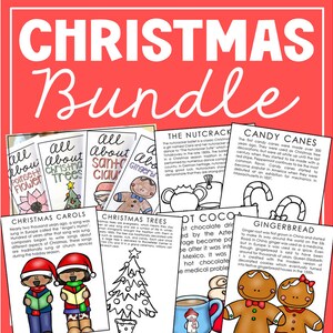 May include: A colorful printable Christmas bundle with illustrations and text about Christmas carols, trees, Santa Claus, gingerbread, candy canes, the Nutcracker, and hot chocolate. The text includes facts about each topic.