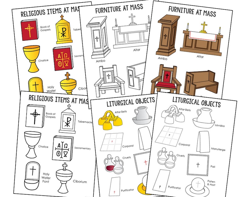 May include: A set of black and white illustrations of religious items and furniture used in a Catholic Mass. The illustrations include a chalice, ciborium, tabernacle, altar, ambo, holy water font, book of gospels, sacramentary, altar bells, corporal, cruets, purificator, lavabo, pall, and paten and host.
