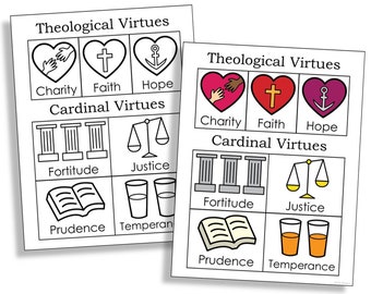 THEOLOGICAL and CARDINAL VIRTUES Catholic Coloring Page Activity | Church Bulletin Board Poster | Catechism Class Worksheet Printable