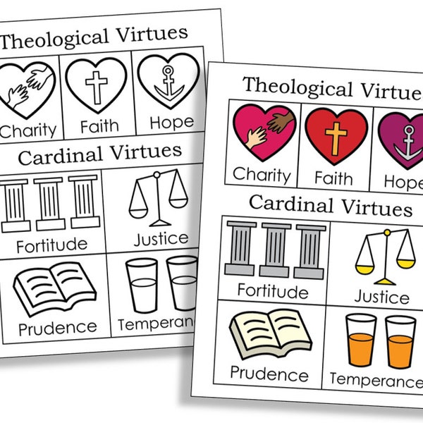 THEOLOGICAL and CARDINAL VIRTUES Catholic Coloring Page Activity | Church Bulletin Board Poster | Catechism Class Worksheet Printable