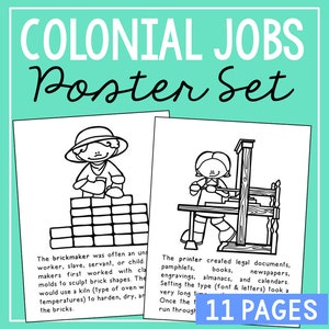 COLONIAL JOBS Social Studies Activity Posters | Bulletin Board Decor Notes | Pilgrim Jamestown Plymouth | Early American Unit Lessons