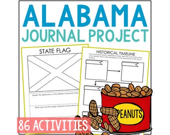 Può includere: Un foglio di lavoro stampabile per un progetto di diario sull'Alabama. Il foglio di lavoro include una sezione per la bandiera dello stato, una linea temporale storica e un'illustrazione a tema arachidi. Il testo "86 attività" è in fondo alla pagina.