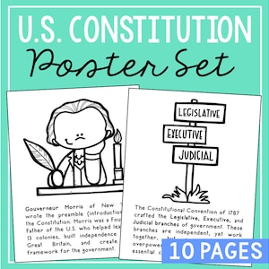 Puede incluir: Conjunto de carteles imprimibles en blanco y negro para enseñar sobre la Constitución de los Estados Unidos. El conjunto incluye un cartel con una ilustración de dibujos animados de Gouverneur Morris, un Padre Fundador, y un cartel con un poste indicador que muestra las tres ramas del gobierno: Legislativa, Ejecutiva y Judicial. El texto en el cartel dice "10 páginas".