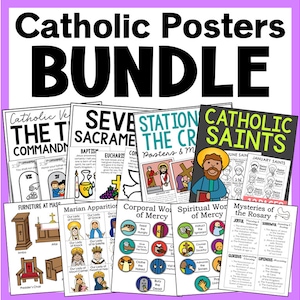 CATHOLIC POSTERS BUNDLE | Activity Coloring Pages and Posters | Homeschool Printables | Church Bulletin Board | Catechism Class Worksheets