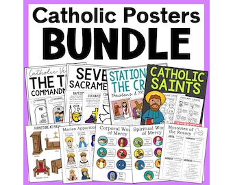 CATHOLIC POSTERS BUNDLE | Activity Coloring Pages and Posters | Homeschool Printables | Church Bulletin Board | Catechism Class Worksheets