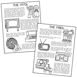 May include: Black and white line art illustration of a timeline of events from the 1970s and 1980s. The illustration includes images of a television, record player, disco ball, roller skates, boombox, and a camera. The text "THE 1970s" and "THE 1980s" is included in the illustration.