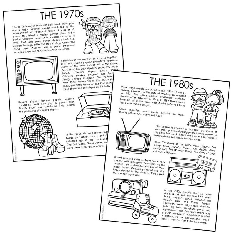 May include: Black and white line art illustration of a timeline of events from the 1970s and 1980s. The illustration includes images of a television, record player, disco ball, roller skates, boombox, and a camera. The text "THE 1970s" and "THE 1980s" is included in the illustration.