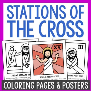 Op de afbeelding: Zwart-witte kleurplaten met illustraties van de kruiswegstaties. De pagina's bevatten tekst zoals "Judas verraadt Jezus" en "Jezus is opgestaan".