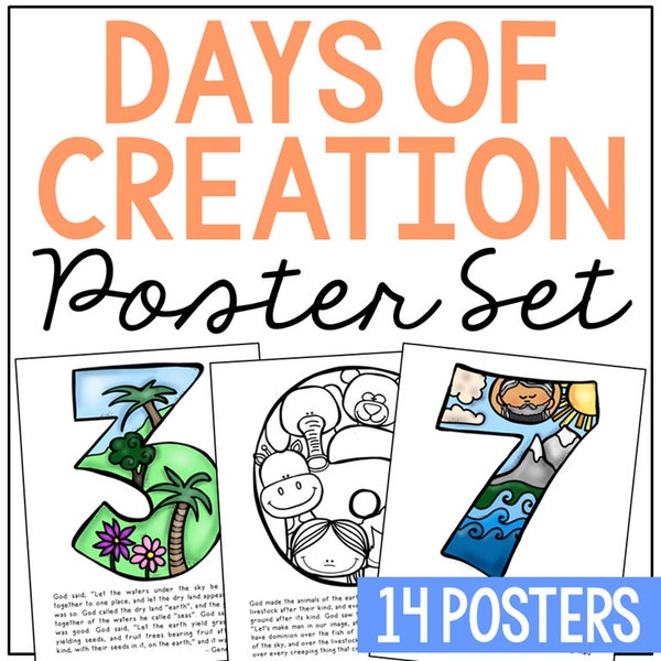 DAYS OF CREATION Bible Story Activity Posters | Christian Homeschool Printable | Bible Study for Kids | Sunday School Church Bulletin Board