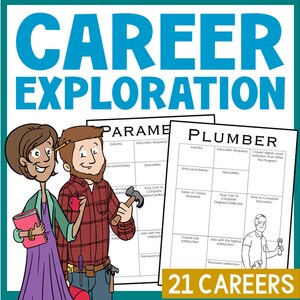 May include: A black and white illustration of a career exploration worksheet with the title "21 Careers". The worksheet is divided into sections for different careers, including "Paramedic" and "Plumber". Each section includes information about the career, such as the industry, education required, entry-level salary, and average cost to complete the program.