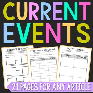 May include: A set of printable worksheets for current events, featuring colorful headings and three different activities: sequence of events, synonyms and antonyms, and fact vs. opinion. The worksheets are designed for use with any article.