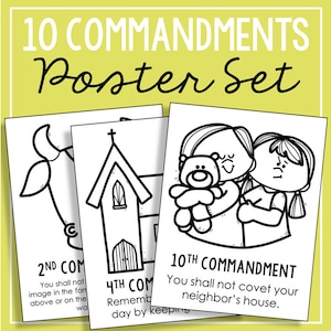 Könnte beinhalten: Schwarz-weiße druckbare Poster mit Illustrationen einer Kuh, einer Kirche und zwei Kindern. Die Poster enthalten den Text "10 Commandments Poster Set", "2nd Commandment", "Du sollst dir kein Bildnis machen, noch irgendeine Gestalt", "4th Commandment", "Gedenke des Sabbattages, daß du ihn heiligest", "10th Commandment", "Du sollst nicht begehren deines Nächsten Haus."