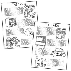 May include: Black and white line art illustration of two decades, the 1950s and 1960s. The 1950s section shows a jukebox, sock hop dancers, and a poodle skirt. The 1960s section shows a television, a Volkswagen Beetle, a lava lamp, a peace sign, and tie-dye shirts.