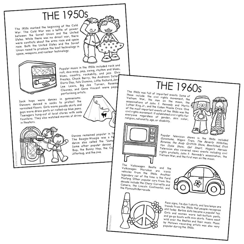 May include: Black and white line art illustration of two decades, the 1950s and 1960s. The 1950s section shows a jukebox, sock hop dancers, and a poodle skirt. The 1960s section shows a television, a Volkswagen Beetle, a lava lamp, a peace sign, and tie-dye shirts.