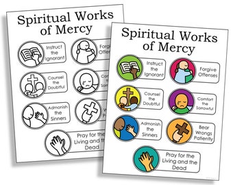 SPIRITUAL WORKS of MERCY Catholic Coloring Page Activity | Catholic Church Bulletin Board | Home Altar Art | Catechism Printable Worksheet