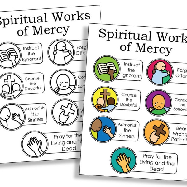 SPIRITUAL WORKS of MERCY Catholic Coloring Page Activity | Catholic Church Bulletin Board | Home Altar Art | Catechism Printable Worksheet
