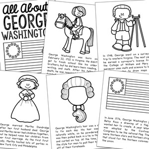 Puede incluir: Ilustraciones en blanco y negro sobre George Washington, incluyendo un dibujo de &eacute;l a caballo, una peluca y la bandera americana. El texto incluye datos sobre su vida.