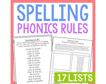 PHONICS RULES 17 Spelling Lists | Interactive Notebook Activities | Bulletin Board Note Posters | Homeschool Printable Spelling Worksheets