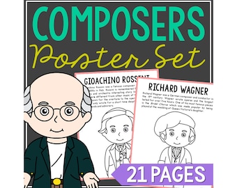May include: A poster set titled "COMPOSERS Poster Set" featuring illustrations of composers Gioachino Rossini and Richard Wagner. The set includes 21 pages. The text describes the composers and their works.