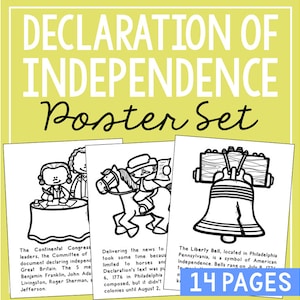 Puede incluir: Ilustraciones en blanco y negro de la Declaración de Independencia, la Campana de la Libertad y un jinete a caballo. El texto "14 PÁGINAS" está en azul sobre un fondo blanco.