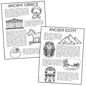 May include: Black and white coloring page with illustrations of ancient Greece and Egypt. The page includes text about the history and culture of both civilizations.  The Greek section features the Acropolis, the Trojan Horse, and olive branches. The Egyptian section features pyramids, the Nile River, and Cleopatra.