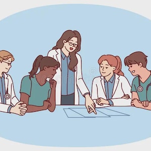 May include: Illustration of a medical team in a meeting. Five people, including a woman in glasses, are gathered around a table, reviewing documents. They are wearing white coats and scrubs, suggesting a healthcare setting.