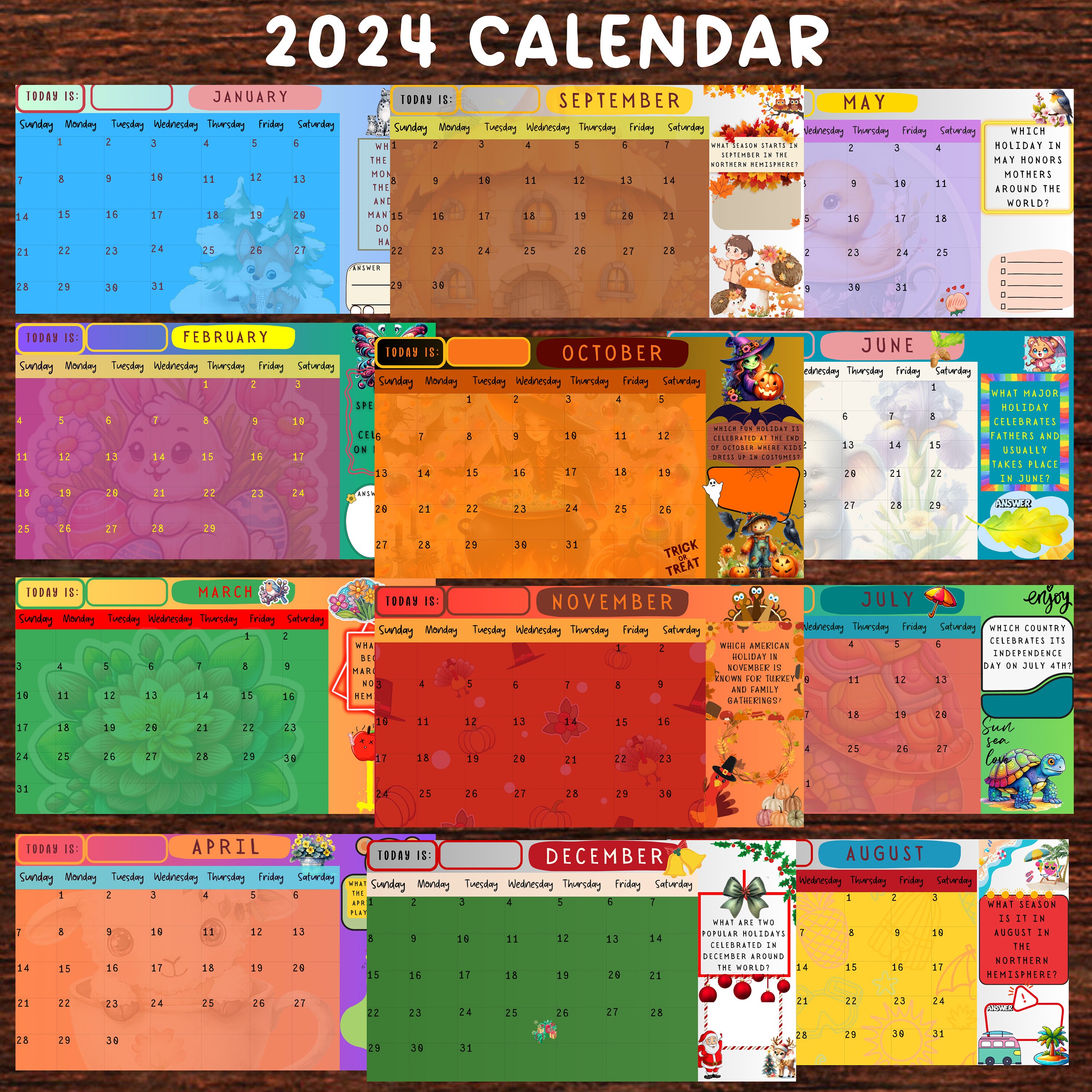 Printable Kids Calendars, 2024 Calendars, Editable Calendar, Fillable ...