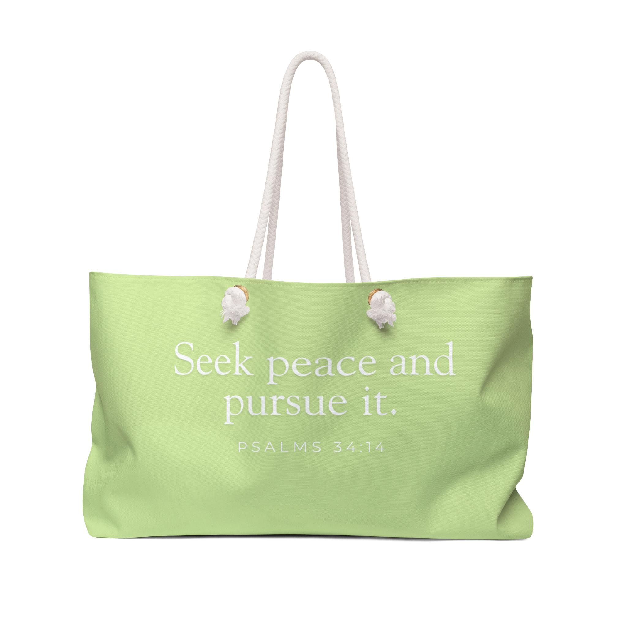 Christian Bible Verse Psalms 34:14 Weekender Bag, Seek Peace and Pursue It, Soft Green, Easter Gift, Spring Travel Tote, Carry On Duffel,