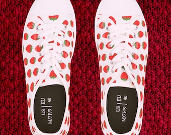 Strawberry Low Top Sneakers, Anthropology Inspired Women&#39;s Shoes, Unique Fruit Design, Trendy Sneakers for Her, Gift Idea