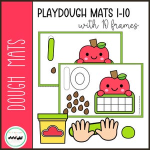 May include: Playdough mats with 10 frames for numbers 1-10. Each mat features a red apple with a smiling face and a ten frame. The mats are designed for use with playdough.