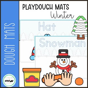 May include: Playdough mats for kids to make winter themed crafts. The mats feature outlines of a hat and a snowman. The mats are white with blue outlines and a wintery background. The image also shows a container of playdough, a rolling pin, and a small orange ball.