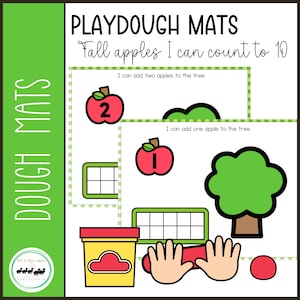 May include: Playdough mats for kids to practice counting with apples. The mats feature a tree, apples, and a grid for counting. The text on the mats reads "Fall apples I can count to 10".